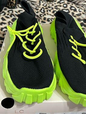 SHEIN Black Knit Slip-On Sneakers with Neon Green Accents